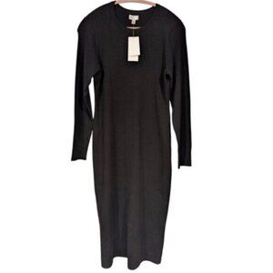 Black Ribbed Long-Sleeve Midi Dress - Unbranded
